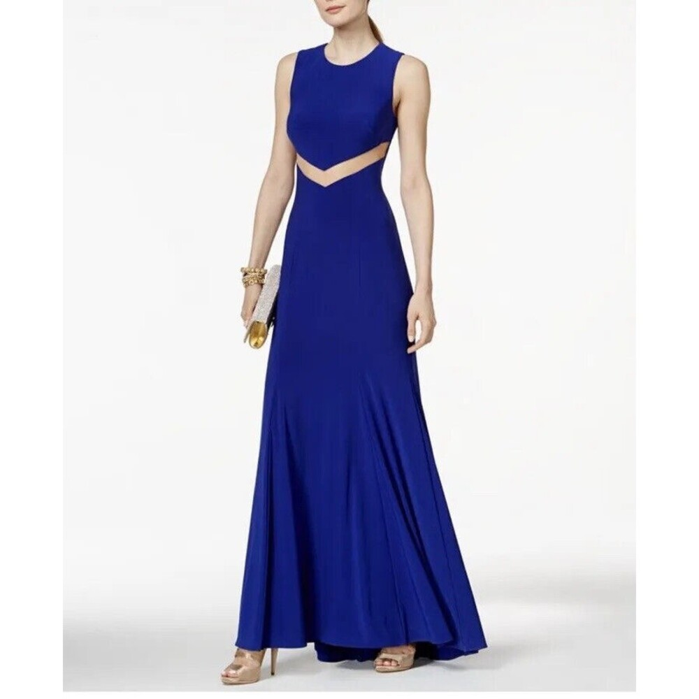 NWT Betsy & Adam Sz 8 Illusion Gown Cobalt Blue Maxi Backless Stretch Ret $189